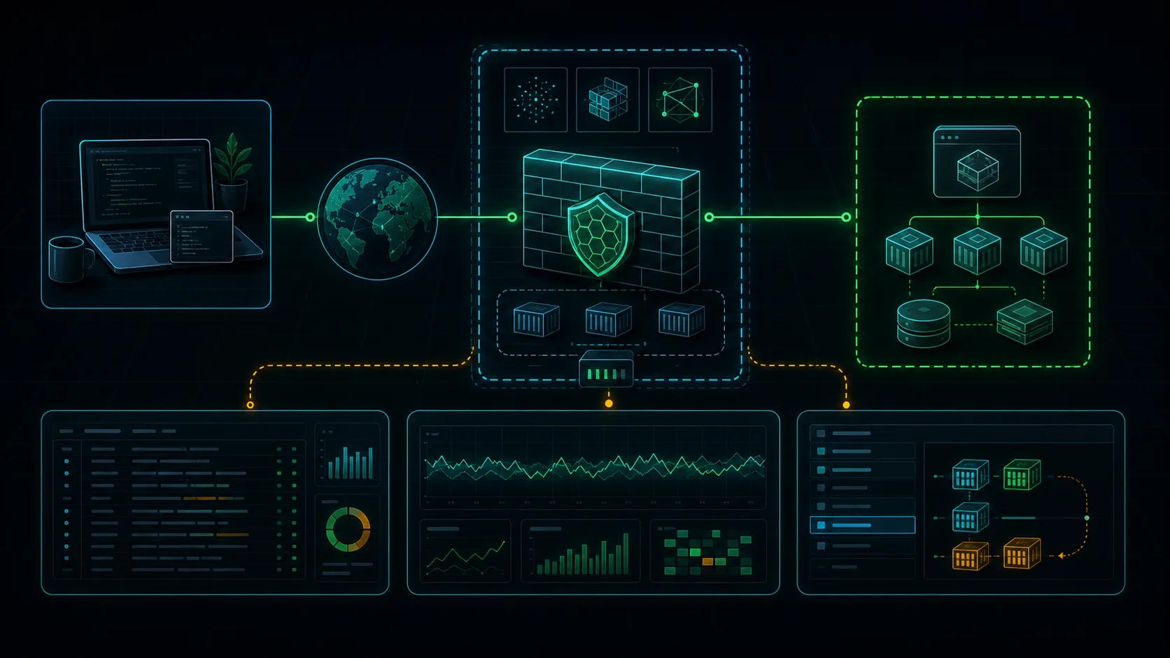 Self-hosted WAF lab workflow with developer workstation, test domain, WAF node, upstream application, logs, latency evidence, and rollback path.